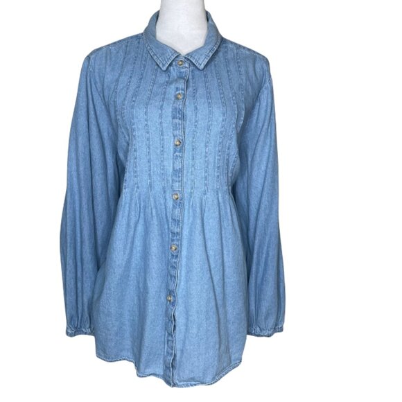 Terra And Sky Women's Stonewash Denim Chambray Pleated Top Shirt Plus Size 3X - Picture 1 of 9